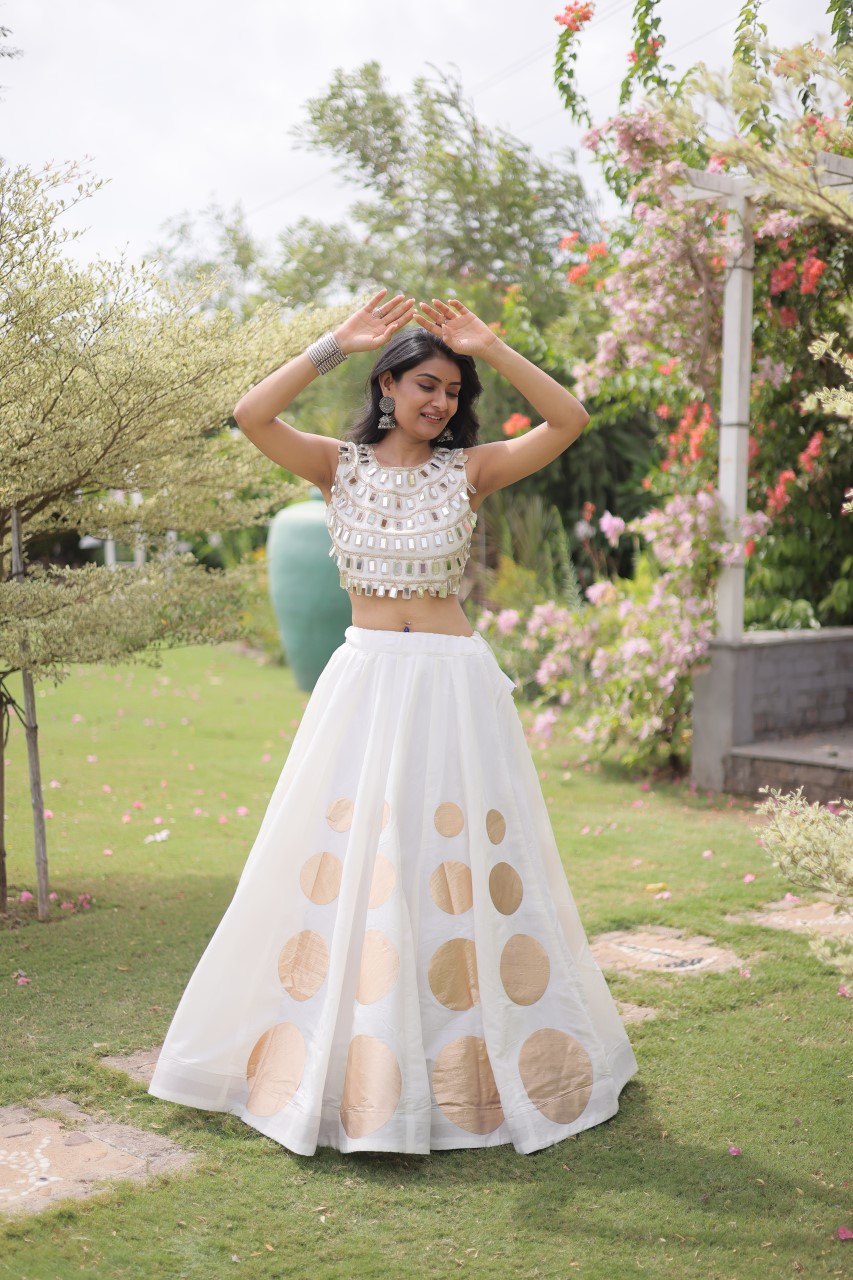 White Silk Gota Pattern Lehenga Set ClothsVilla