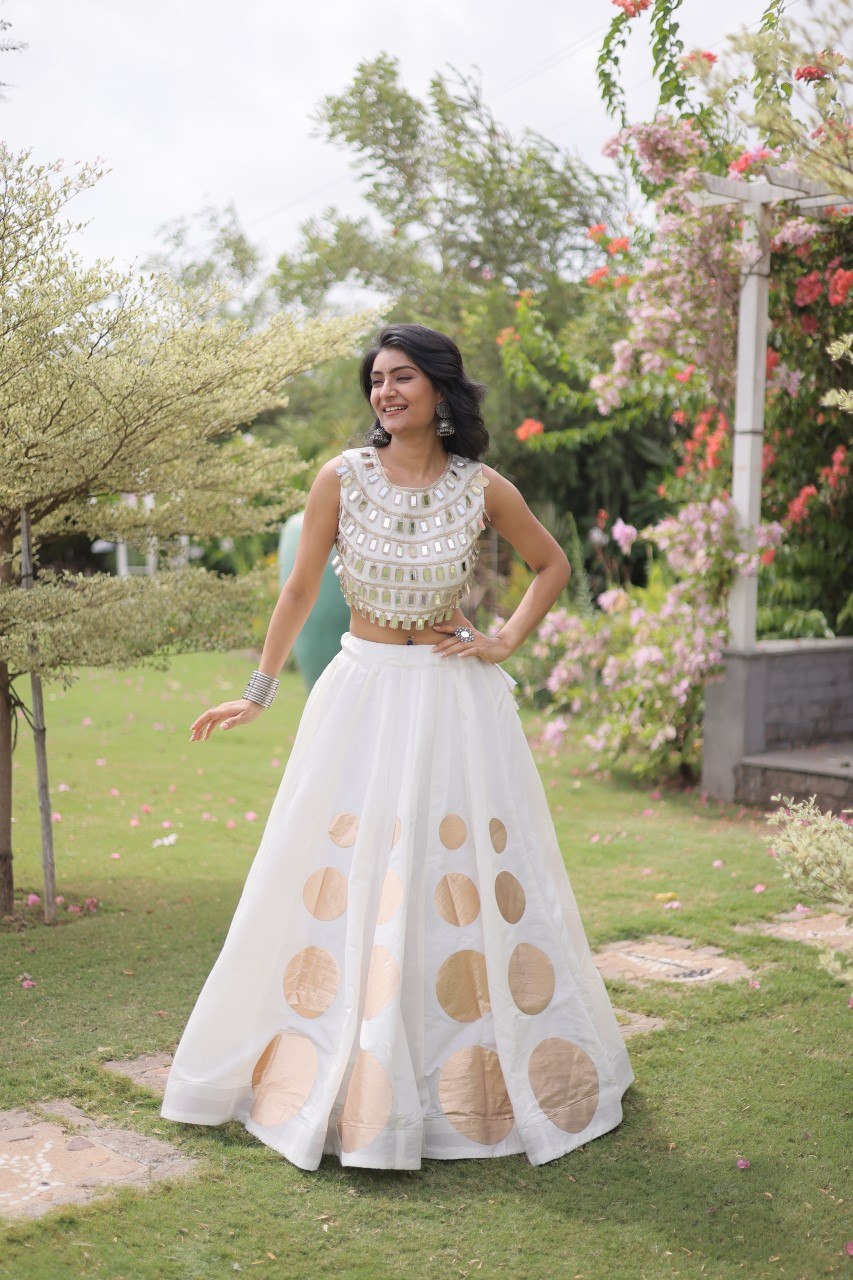 White Silk Gota Pattern Lehenga Set ClothsVilla