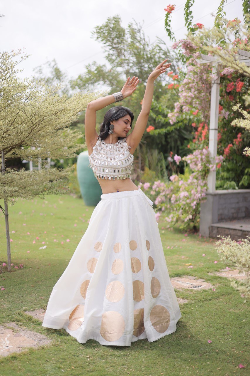 White Silk Gota Pattern Lehenga Set ClothsVilla