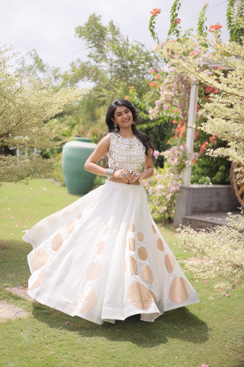 White Silk Gota Pattern Lehenga Set ClothsVilla