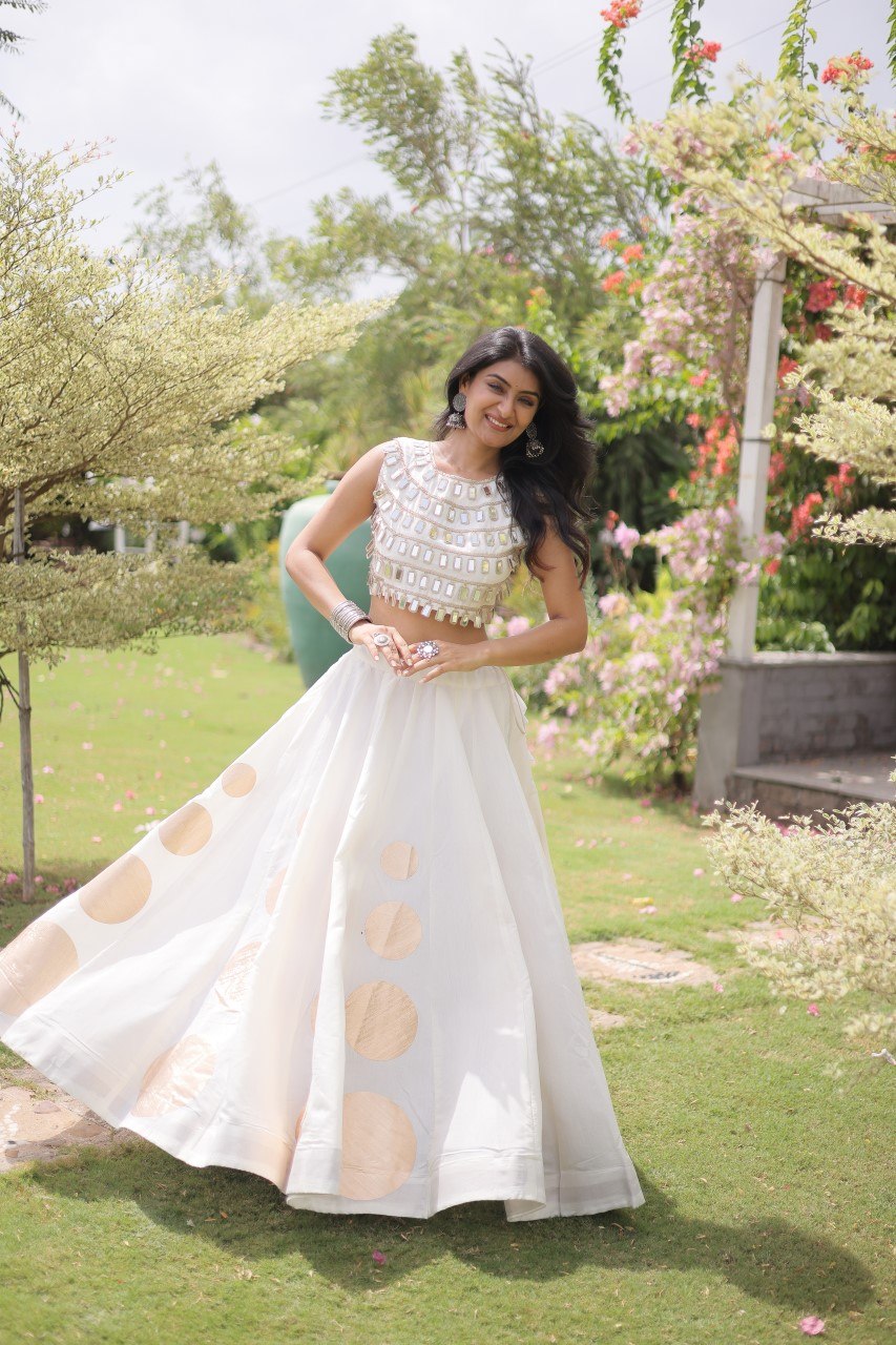 White Silk Gota Pattern Lehenga Set ClothsVilla