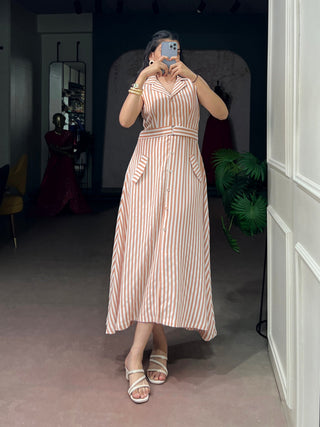 White Silk Striped Dress with Stylish Belt ClothsVilla