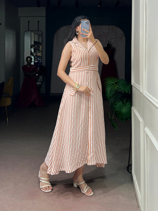 White Silk Striped Dress with Stylish Belt ClothsVilla