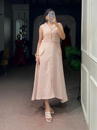 White Silk Striped Dress with Stylish Belt ClothsVilla