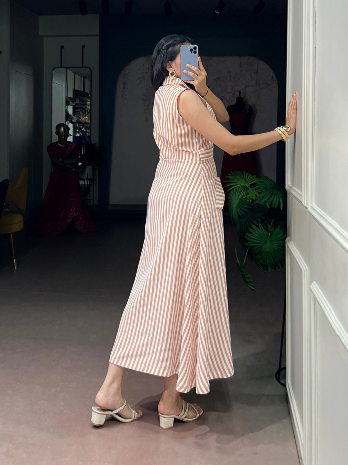 White Silk Striped Dress with Stylish Belt ClothsVilla