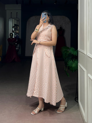 White Silk Striped Dress with Stylish Belt ClothsVilla