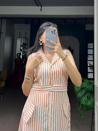 White Silk Striped Dress with Stylish Belt ClothsVilla