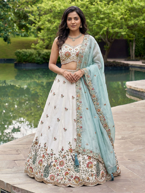 Organza Zarkan, Multi-Color Thread, Goldn Sequin Embroidered Lehenga Choli with Dupatta Clothsvilla