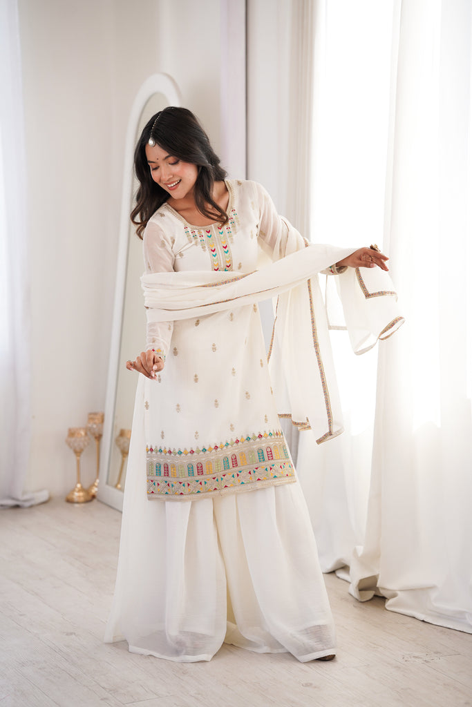 White Soft Silk Kurta Sharara Set ClothsVilla