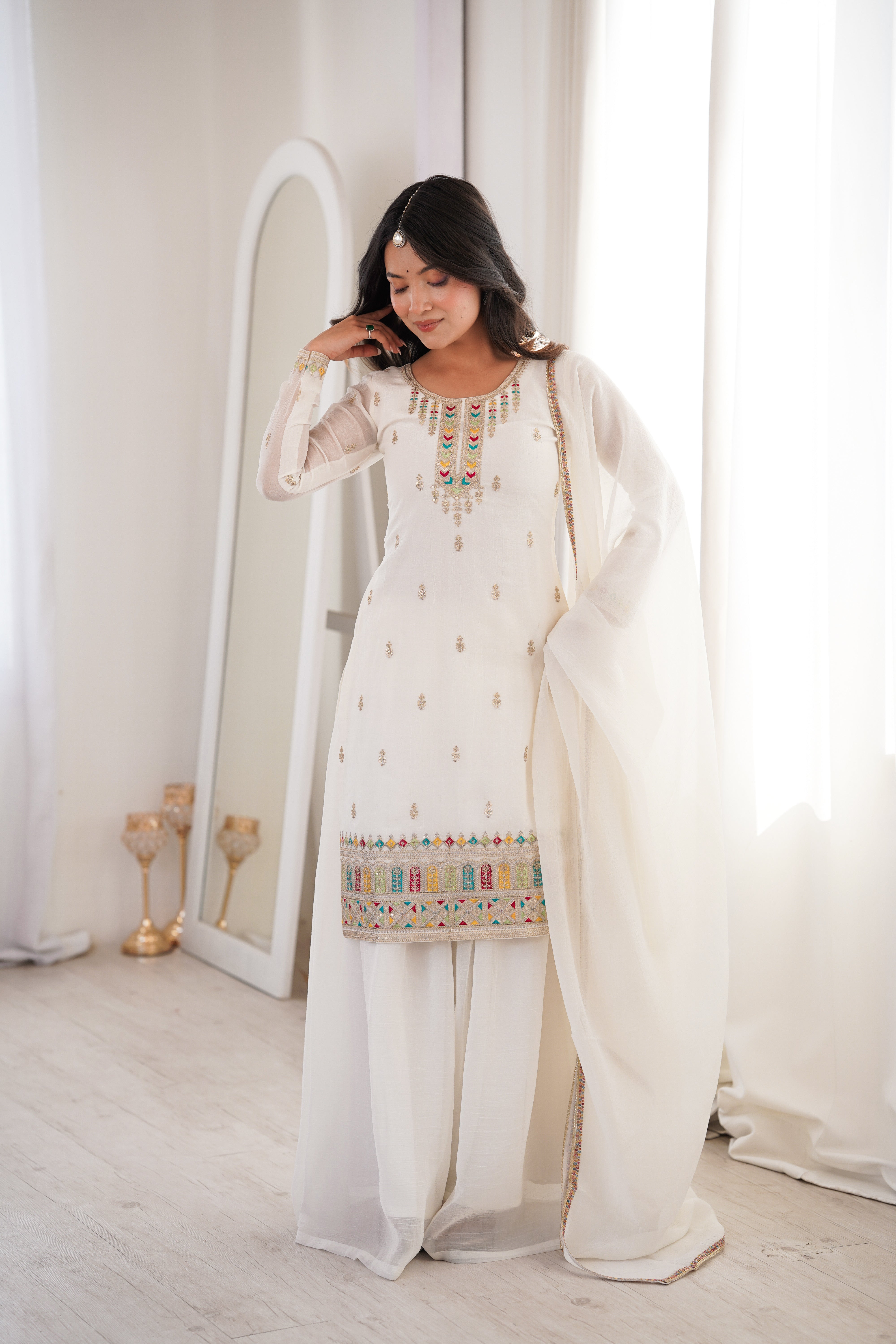 White Soft Silk Kurta Sharara Set ClothsVilla Main image