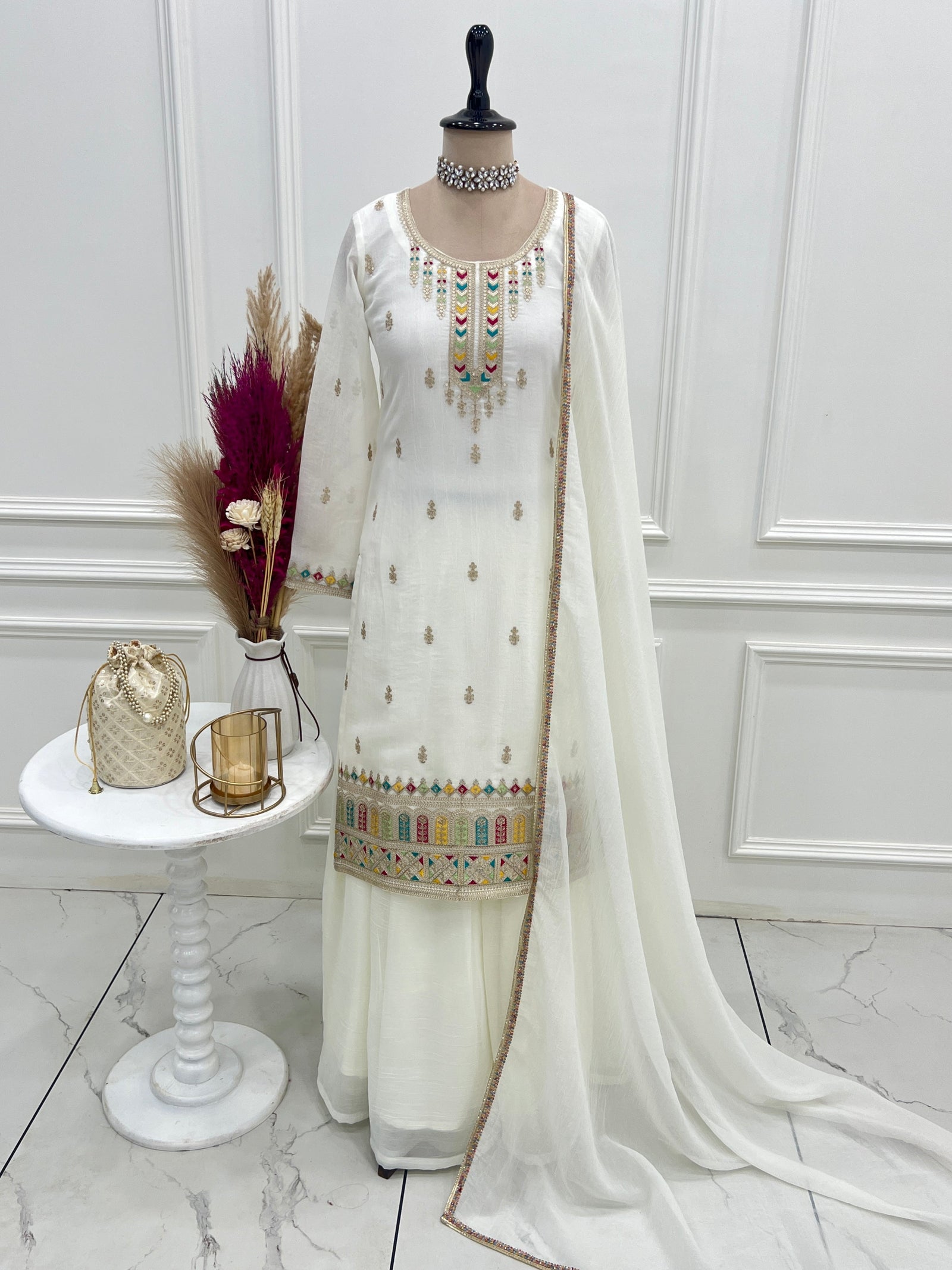 White Soft Silk Kurta Sharara Set ClothsVilla