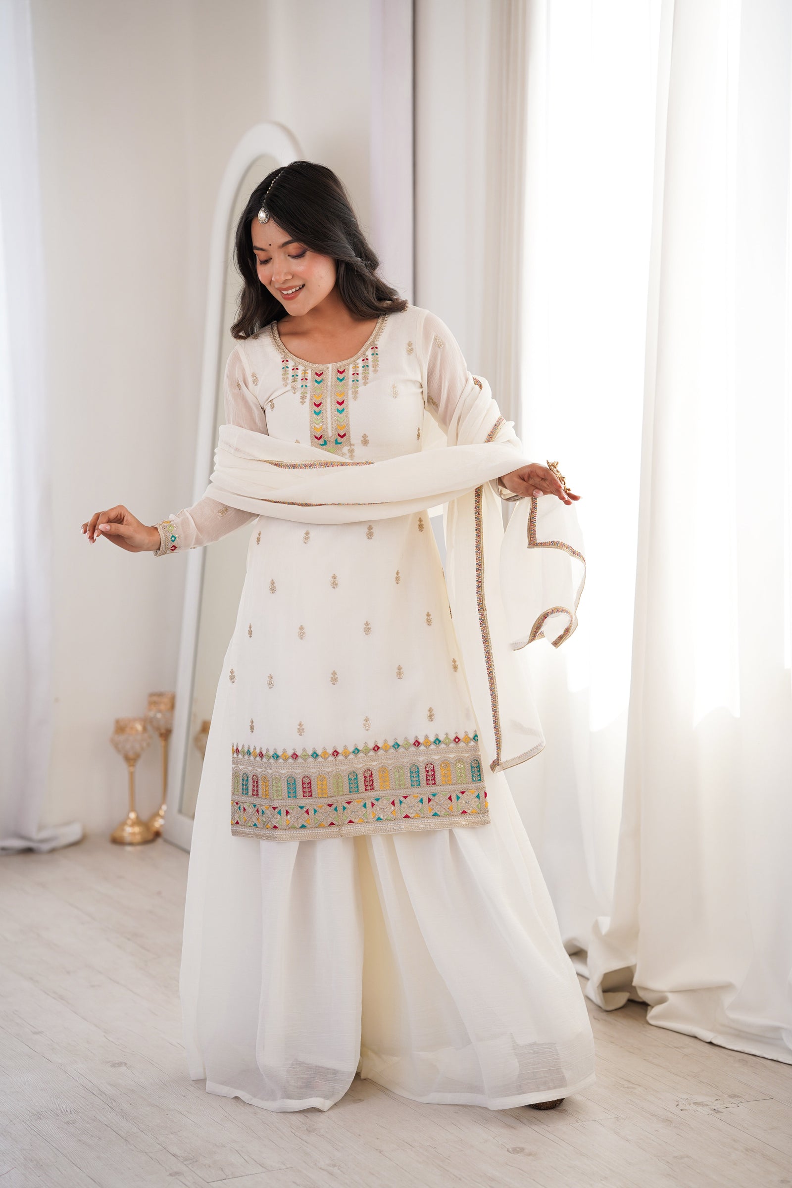 White Soft Silk Kurta Sharara Set ClothsVilla
