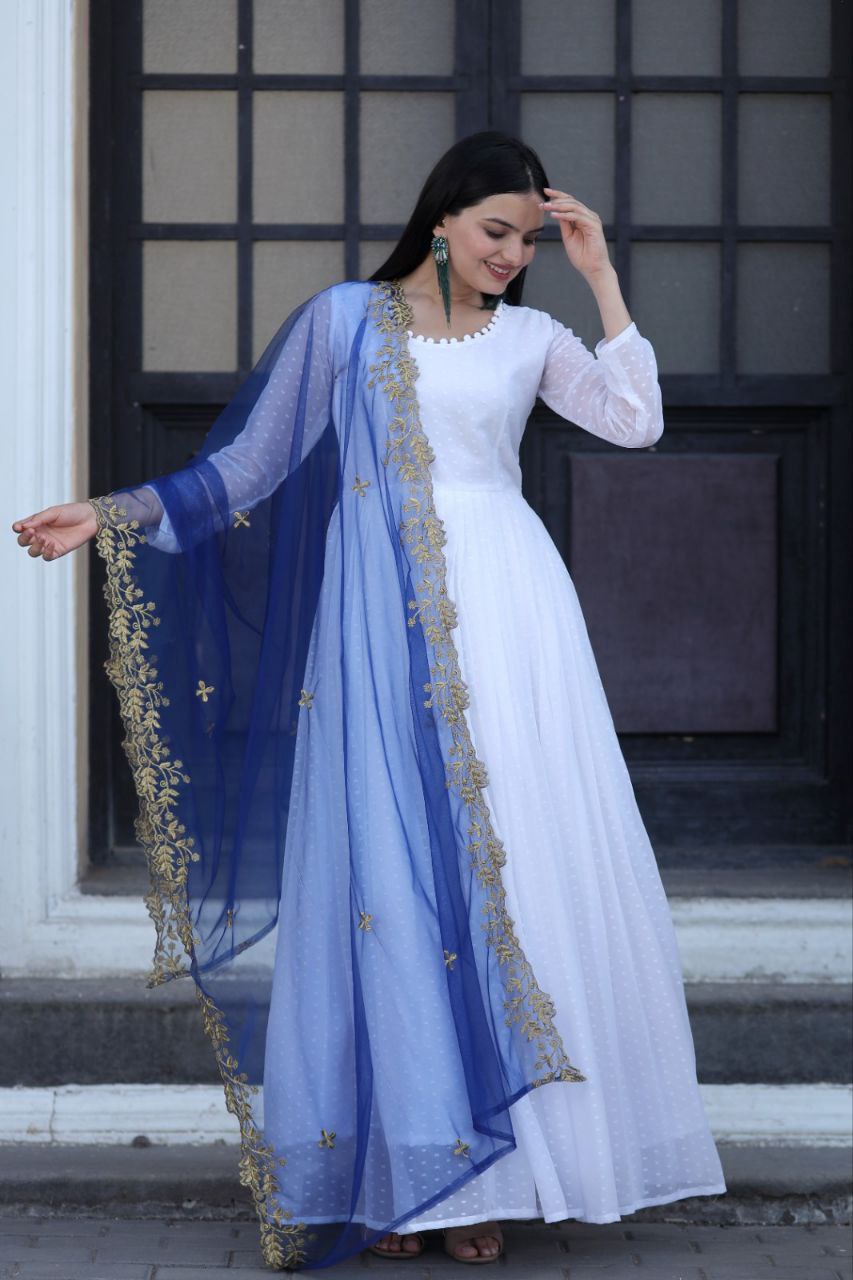 White Thousand Butti Faux Georgette Gown with Embroidered Butterfly Net Dupatta ClothsVilla