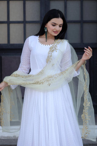 White Thousand Butti Faux Georgette Gown with Embroidered Butterfly Net Dupatta ClothsVilla