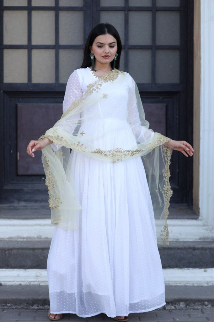 White Thousand Butti Faux Georgette Gown with Embroidered Butterfly Net Dupatta ClothsVilla