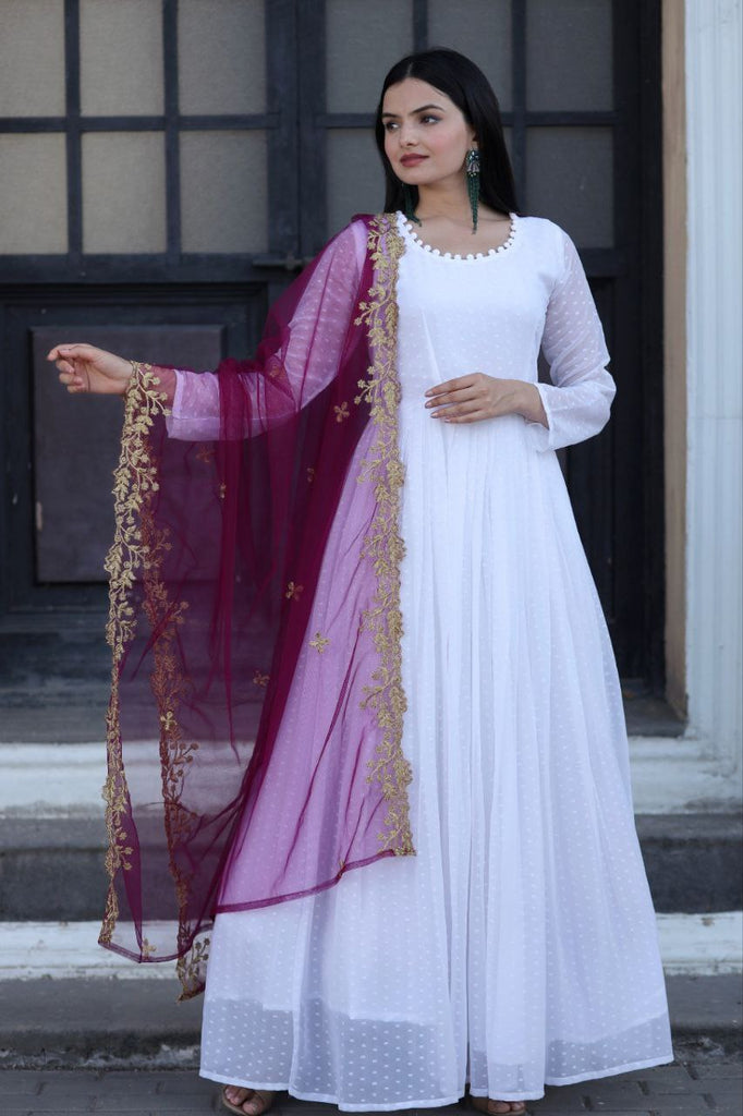 White Thousand Butti Faux Georgette Gown with Embroidered Butterfly Net Dupatta ClothsVilla