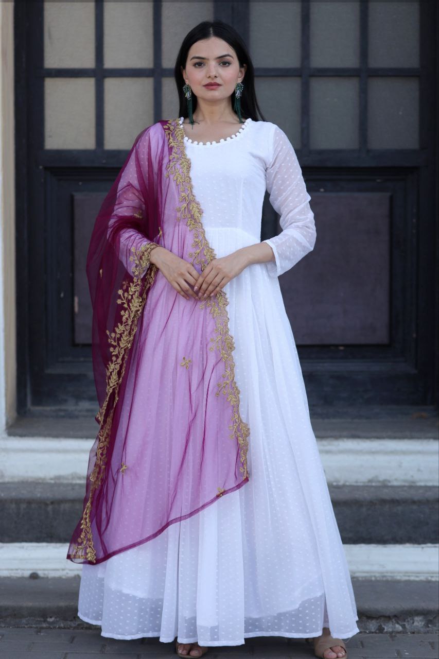 White Thousand Butti Faux Georgette Gown with Embroidered Butterfly Net Dupatta ClothsVilla