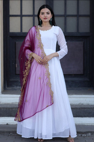 White Thousand Butti Faux Georgette Gown with Embroidered Butterfly Net Dupatta ClothsVilla
