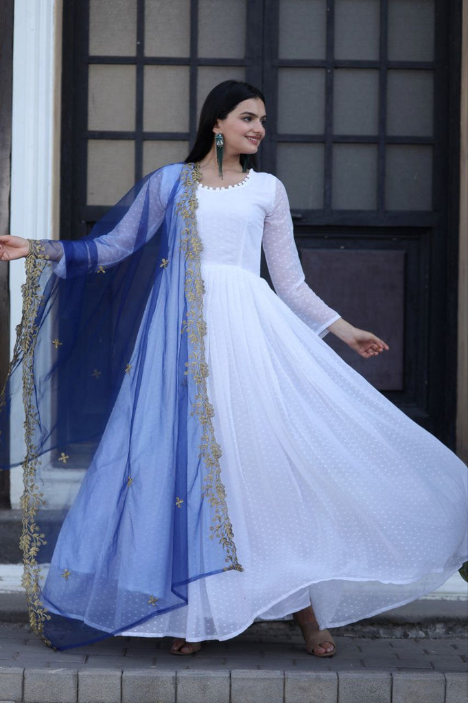 White Thousand Butti Faux Georgette Gown with Embroidered Butterfly Net Dupatta ClothsVilla