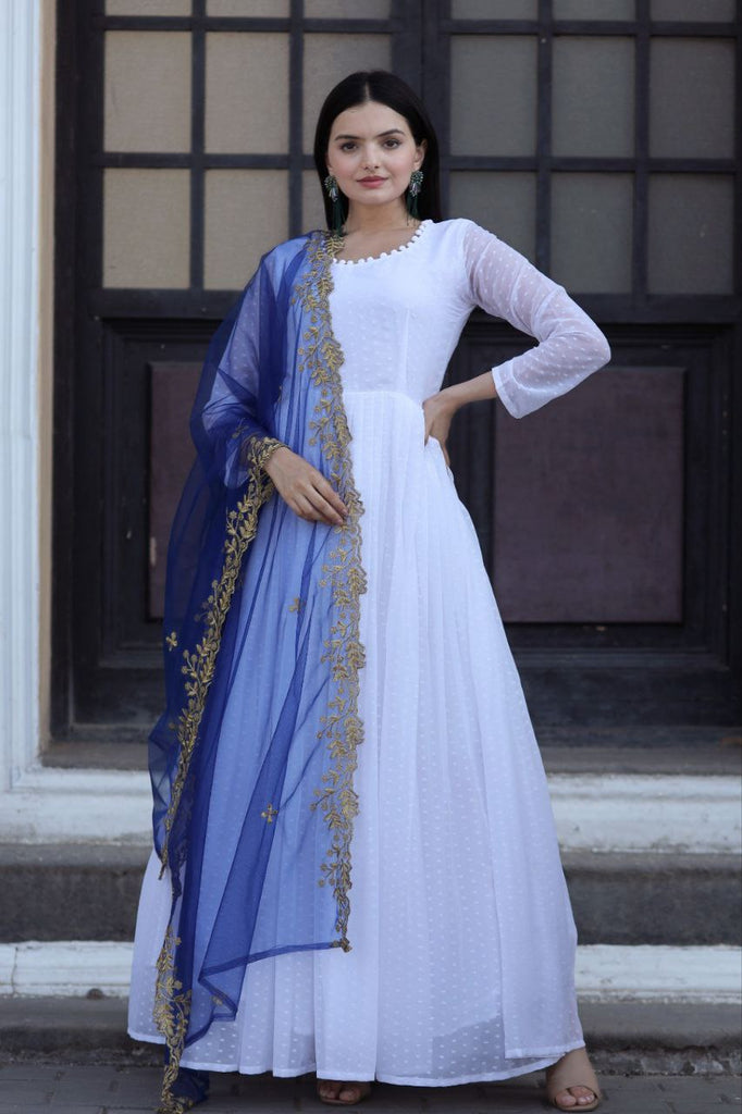 White Thousand Butti Faux Georgette Gown with Embroidered Butterfly Net Dupatta ClothsVilla