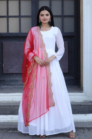 White Thousand Butti Faux Georgette Gown with Embroidered Butterfly Net Dupatta ClothsVilla