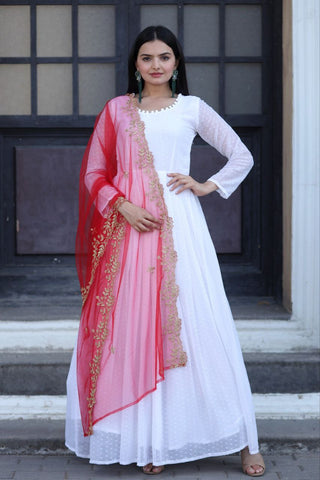 White Thousand Butti Faux Georgette Gown with Embroidered Butterfly Net Dupatta ClothsVilla