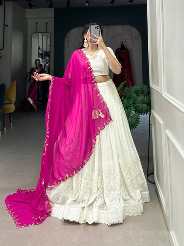 White Timeless Elegance Lucknowi Paper Mirror Work Georgette Lehenga Set