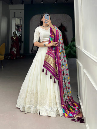 White Timeless Elegance Lucknowi Paper Mirror Work Georgette Lehenga Set