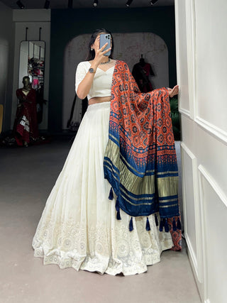 White Timeless Elegance Lucknowi Paper Mirror Work Georgette Lehenga Set
