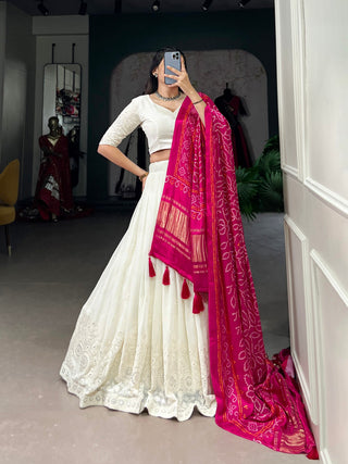 White Timeless Elegance Lucknowi Paper Mirror Work Georgette Lehenga Set
