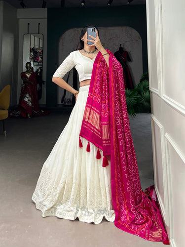 White Timeless Elegance Lucknowi Paper Mirror Work Georgette Lehenga Set
