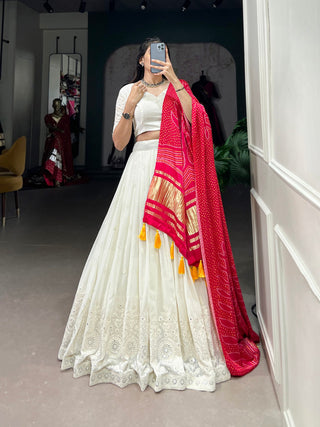 White Timeless Elegance Lucknowi Paper Mirror Work Georgette Lehenga Set