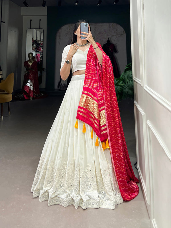 White Timeless Elegance Lucknowi Paper Mirror Work Georgette Lehenga Set