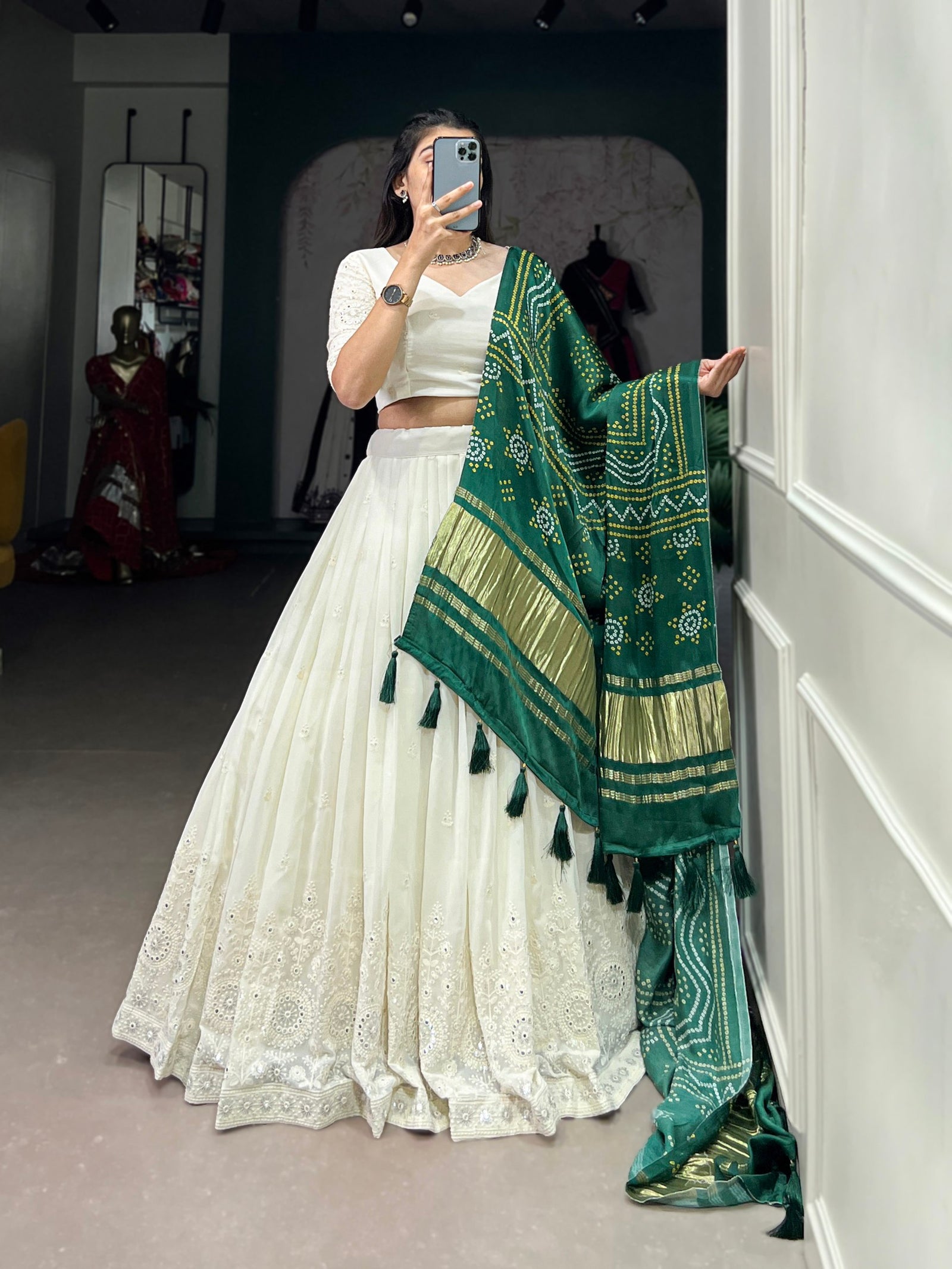 White Timeless Elegance Lucknowi Paper Mirror Work Georgette Lehenga Set