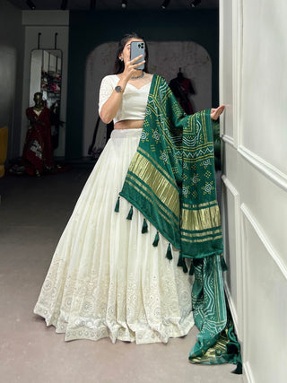 White Timeless Elegance Lucknowi Paper Mirror Work Georgette Lehenga Set