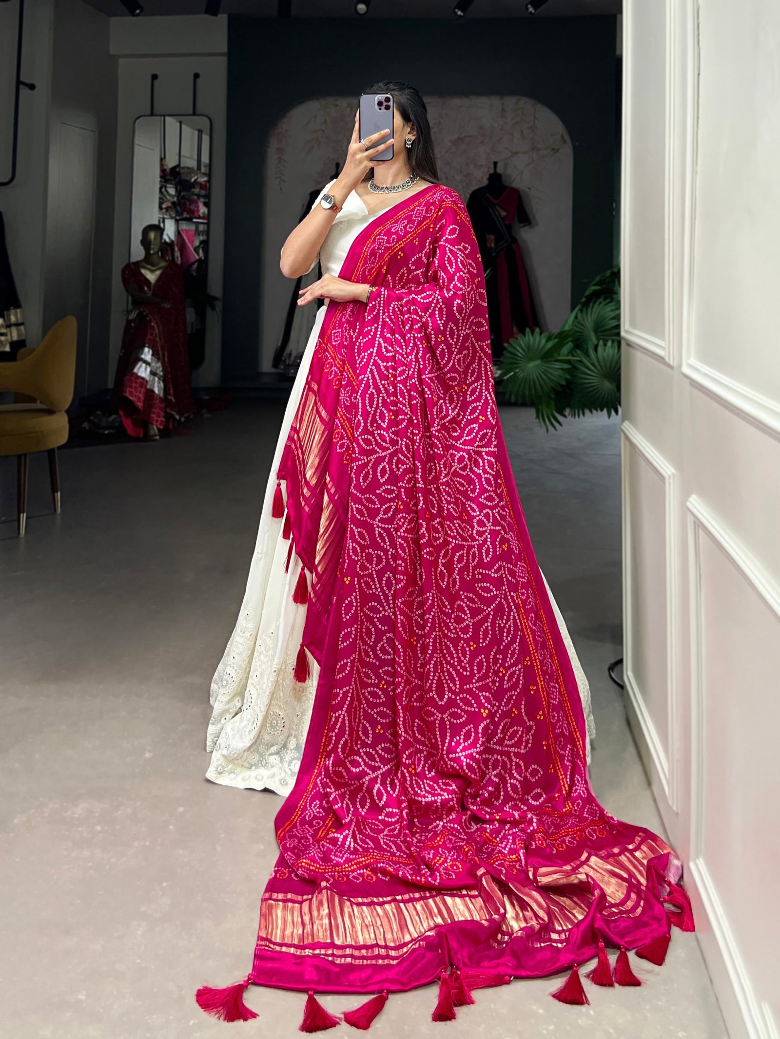 White Timeless Elegance Lucknowi Paper Mirror Work Georgette Lehenga Set