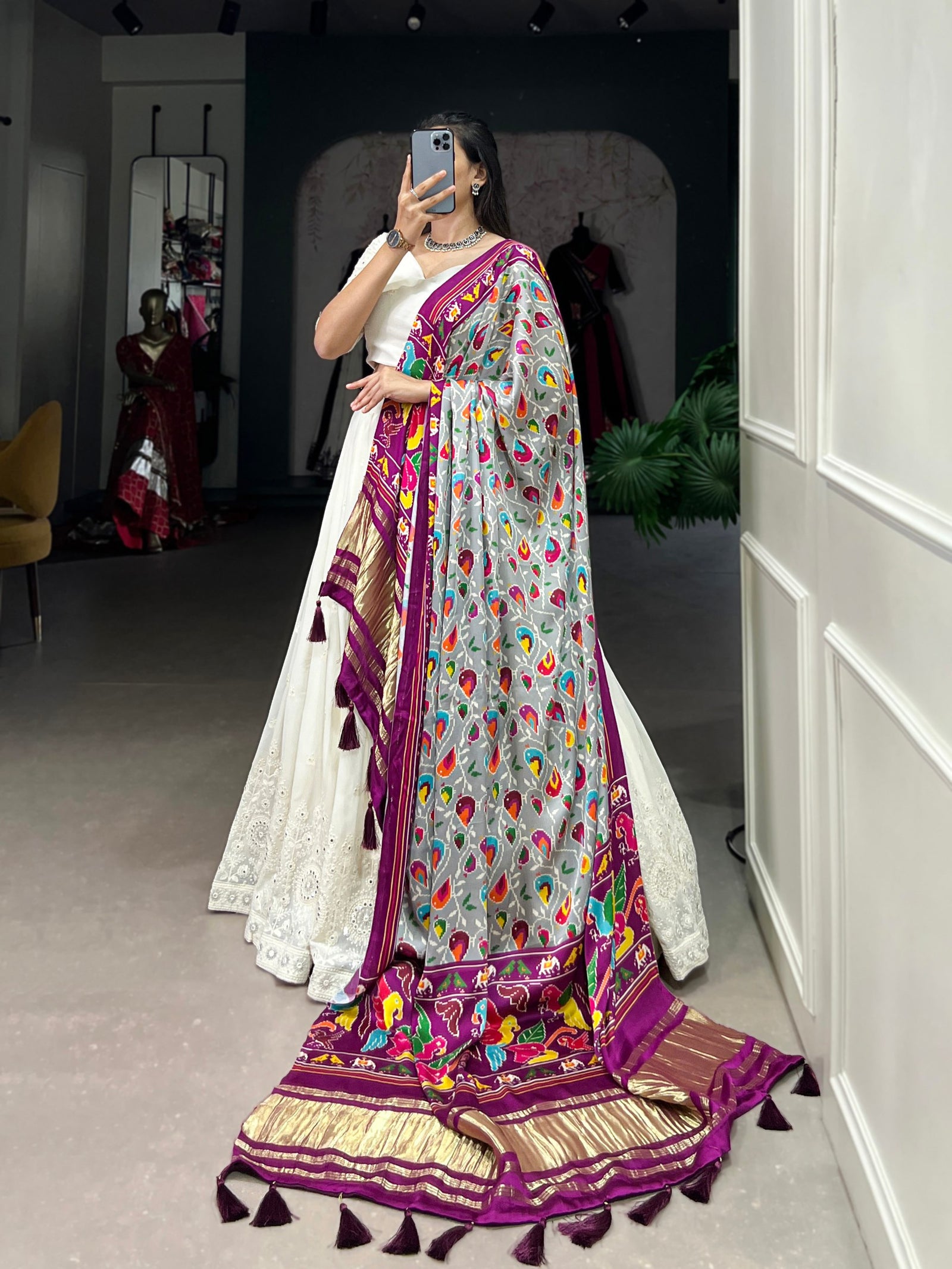 White Timeless Elegance Lucknowi Paper Mirror Work Georgette Lehenga Set