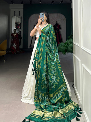 White Timeless Elegance Lucknowi Paper Mirror Work Georgette Lehenga Set