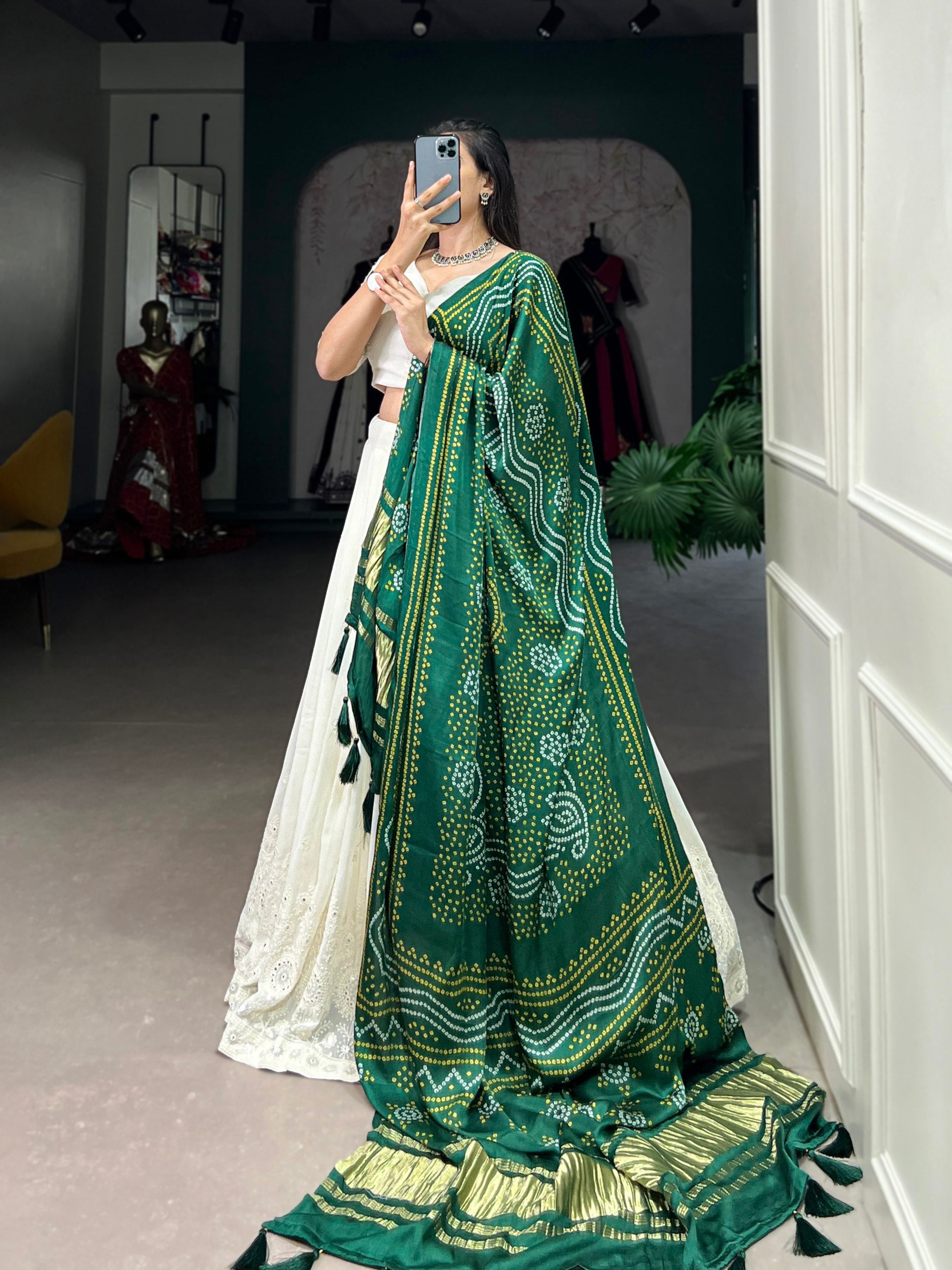 White Timeless Elegance Lucknowi Paper Mirror Work Georgette Lehenga Set