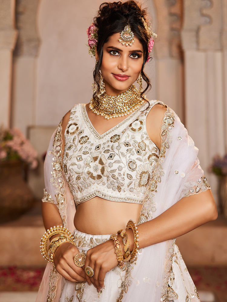 White Tissue Fabric Sequins embroidery Semi-Stitched Lehenga choli & Dupatta ClothsVilla