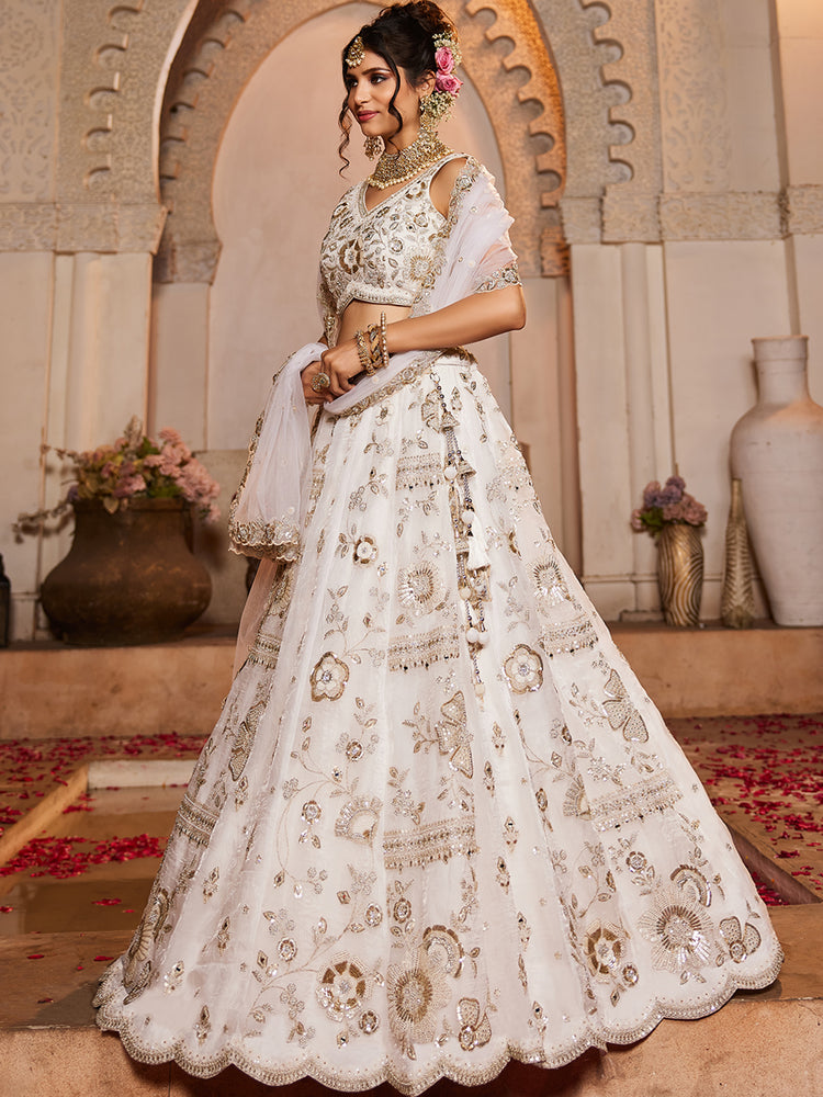 White Tissue Fabric Sequins embroidery Semi-Stitched Lehenga choli & Dupatta ClothsVilla
