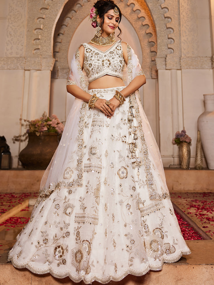 White Tissue Fabric Sequins embroidery Semi-Stitched Lehenga choli & Dupatta ClothsVilla
