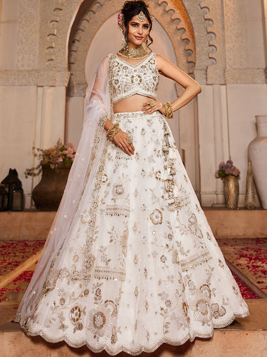 White Tissue Fabric Sequins embroidery Semi-Stitched Lehenga choli & Dupatta ClothsVilla