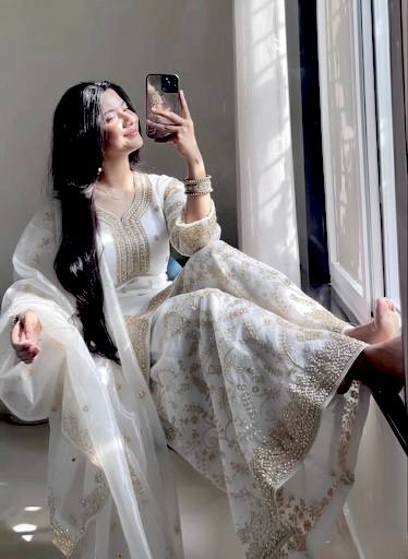 White Tissue Silk Embroidered Plazzo Set with Heavy 3mm Sequins, Coding Dori & Moti Hand Work – Fancy Sleeves, Full Stitched ClothsVilla