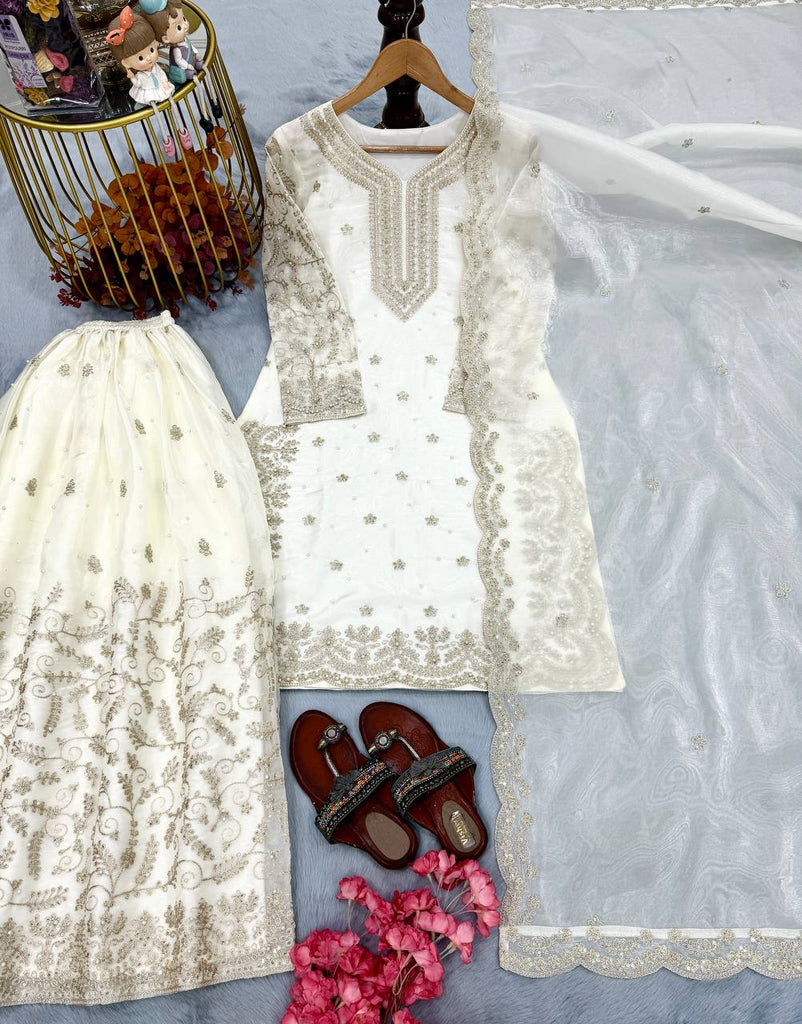 White Tissue Silk Embroidered Plazzo Set with Heavy 3mm Sequins, Coding Dori & Moti Hand Work – Fancy Sleeves, Full Stitched ClothsVilla
