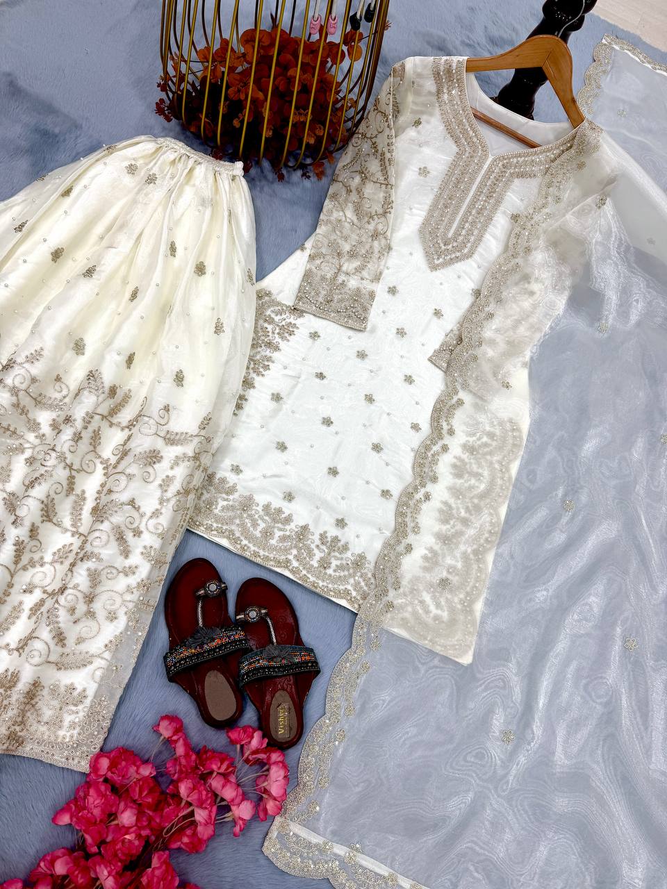 White Tissue Silk Embroidered Plazzo Set with Heavy 3mm Sequins, Coding Dori & Moti Hand Work – Fancy Sleeves, Full Stitched ClothsVilla