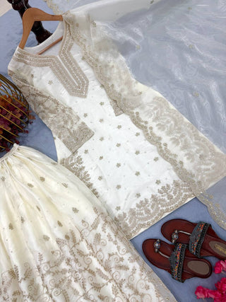 White Tissue Silk Embroidered Plazzo Set with Heavy 3mm Sequins, Coding Dori & Moti Hand Work – Fancy Sleeves, Full Stitched ClothsVilla