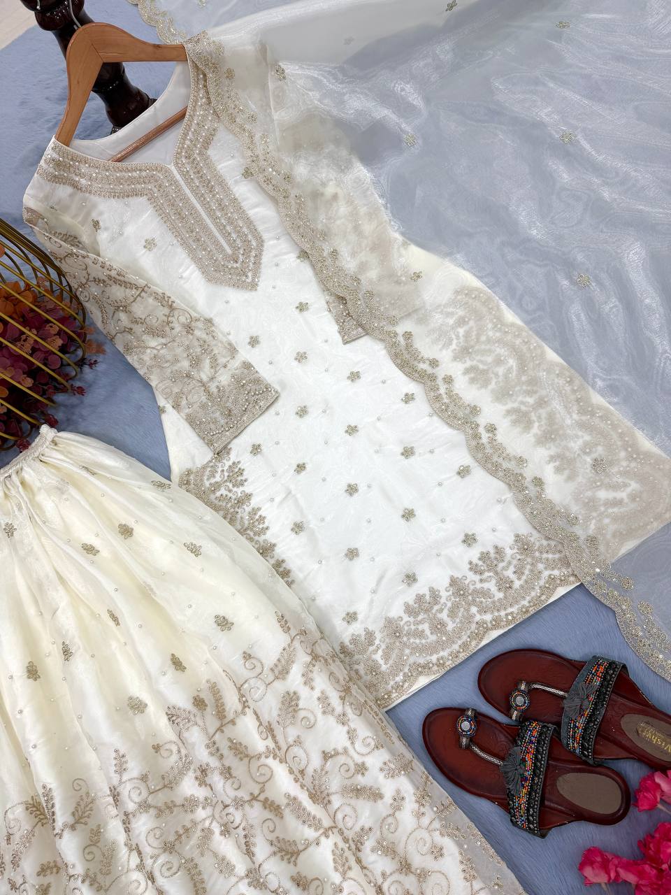 White Tissue Silk Embroidered Plazzo Set with Heavy 3mm Sequins, Coding Dori & Moti Hand Work – Fancy Sleeves, Full Stitched ClothsVilla