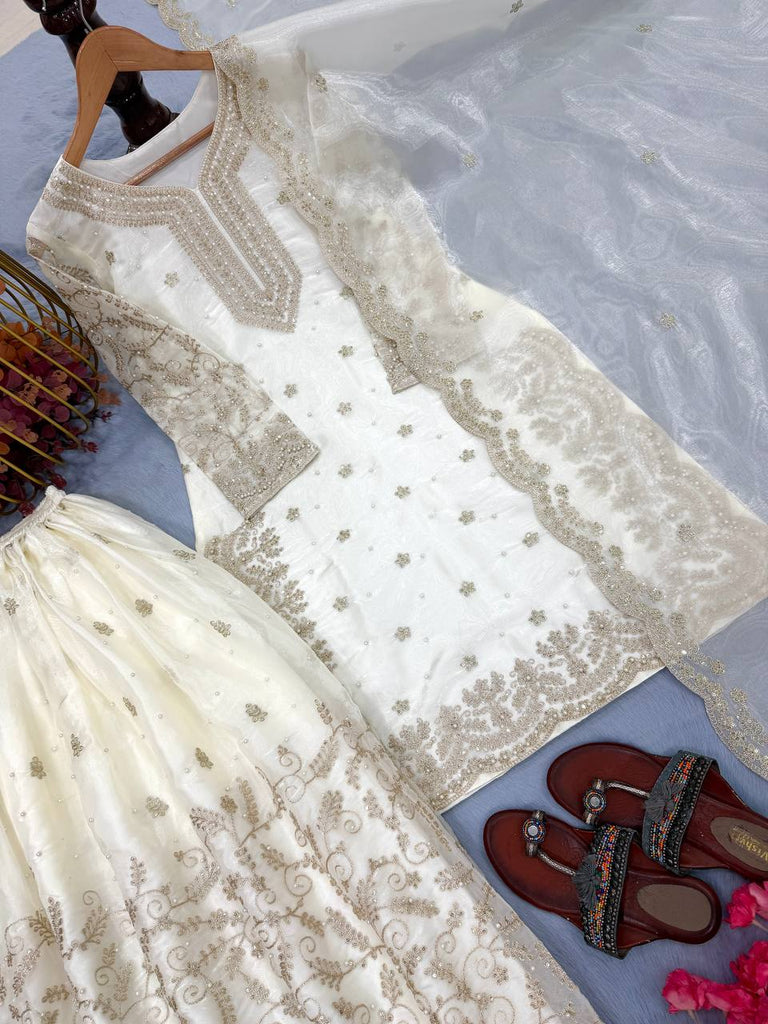 White Tissue Silk Embroidered Plazzo Set with Heavy 3mm Sequins, Coding Dori & Moti Hand Work – Fancy Sleeves, Full Stitched ClothsVilla
