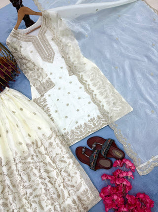 White Tissue Silk Embroidered Plazzo Set with Heavy 3mm Sequins, Coding Dori & Moti Hand Work – Fancy Sleeves, Full Stitched ClothsVilla